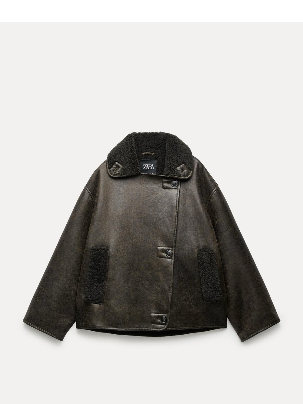 NWOT Zara Relaxed Double Face Dark Brown Faux-Leather Jacket with Sherpa Trim